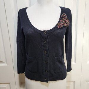 DECREE Black Multi-Color Flower Accent Button-Front Cardigan Sweater Top sz L